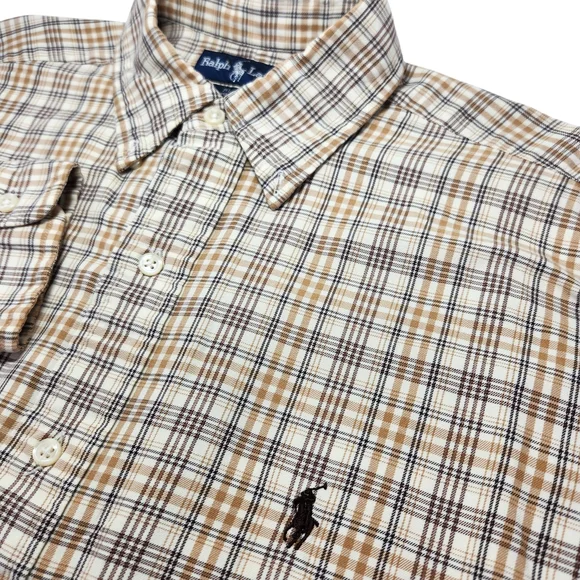 Ralph Lauren Blake Plaid Button Down Shirt Mens Medium Brown Tan Cotton Classic - Picture 4 of 14